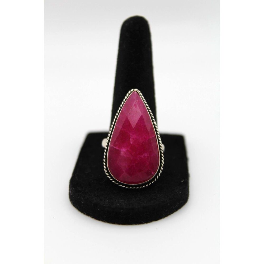 925 Sterling Silver Ruby Quartz Pear Faceted Statement Ring Size 10 8.1g